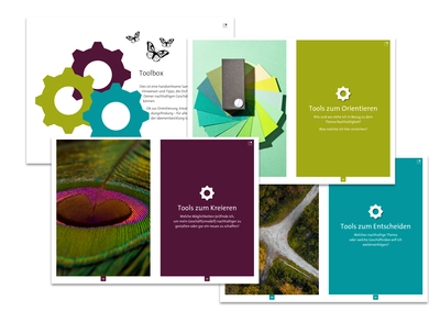 Ideentagebuch Nachhaltigkeit: Collage aus den bunten Deckblättern der drei Phasen